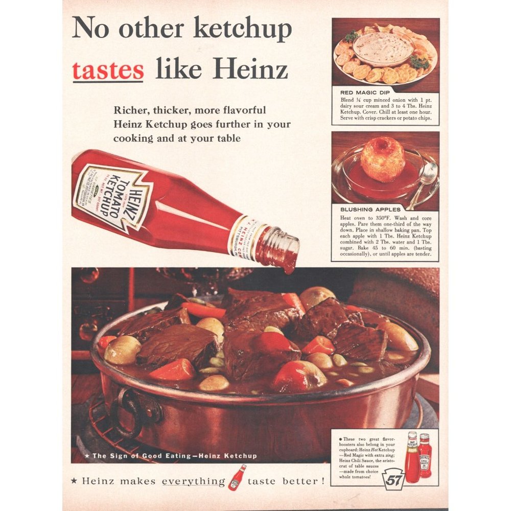 1960 Heinz Ketchup Vintage Print Ad Recipes Pot Roast Cooking Wall Art Photo 60s